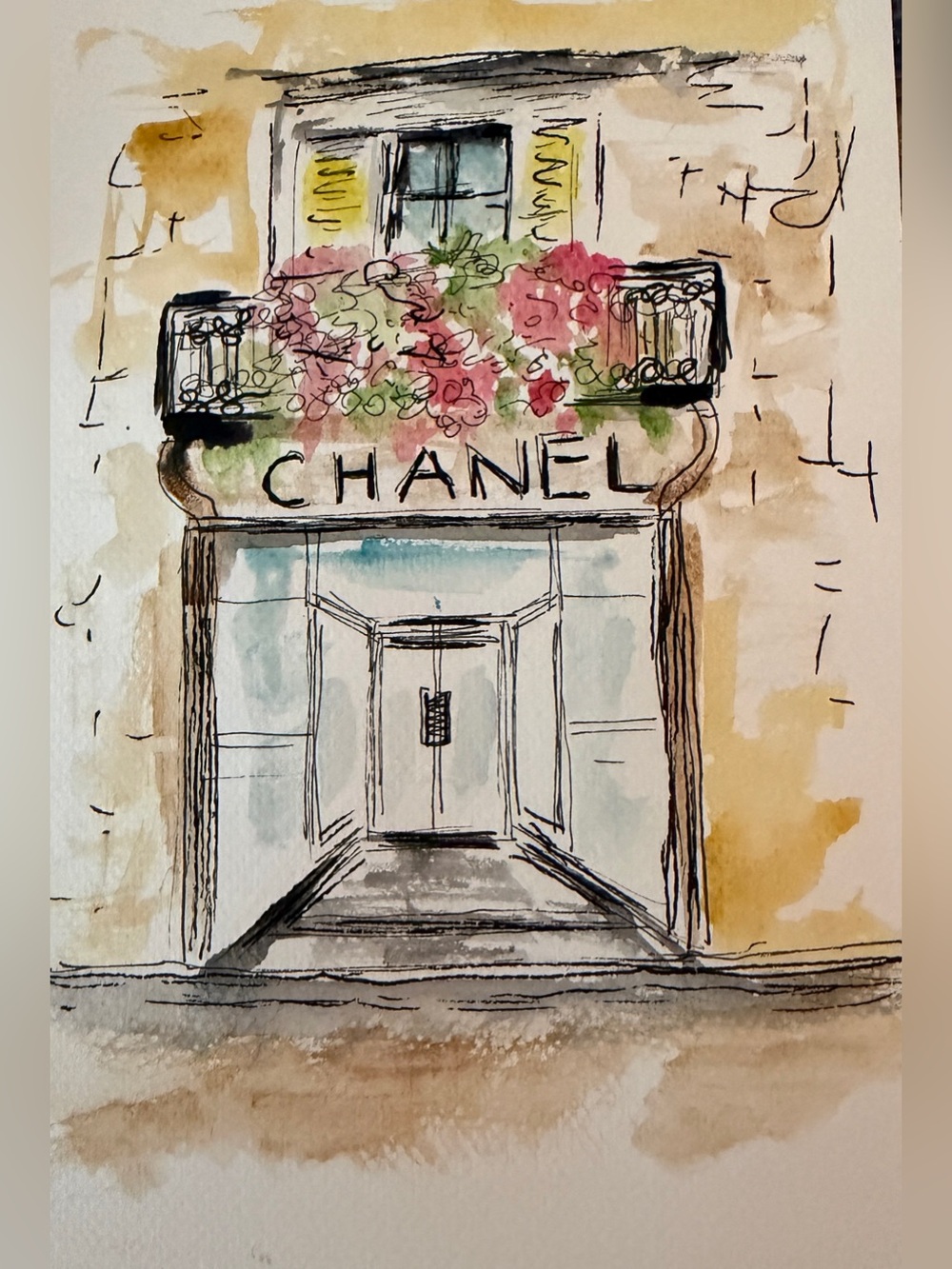 CHANEL Watercolor Facade hand painted in Pink, Green and Cream